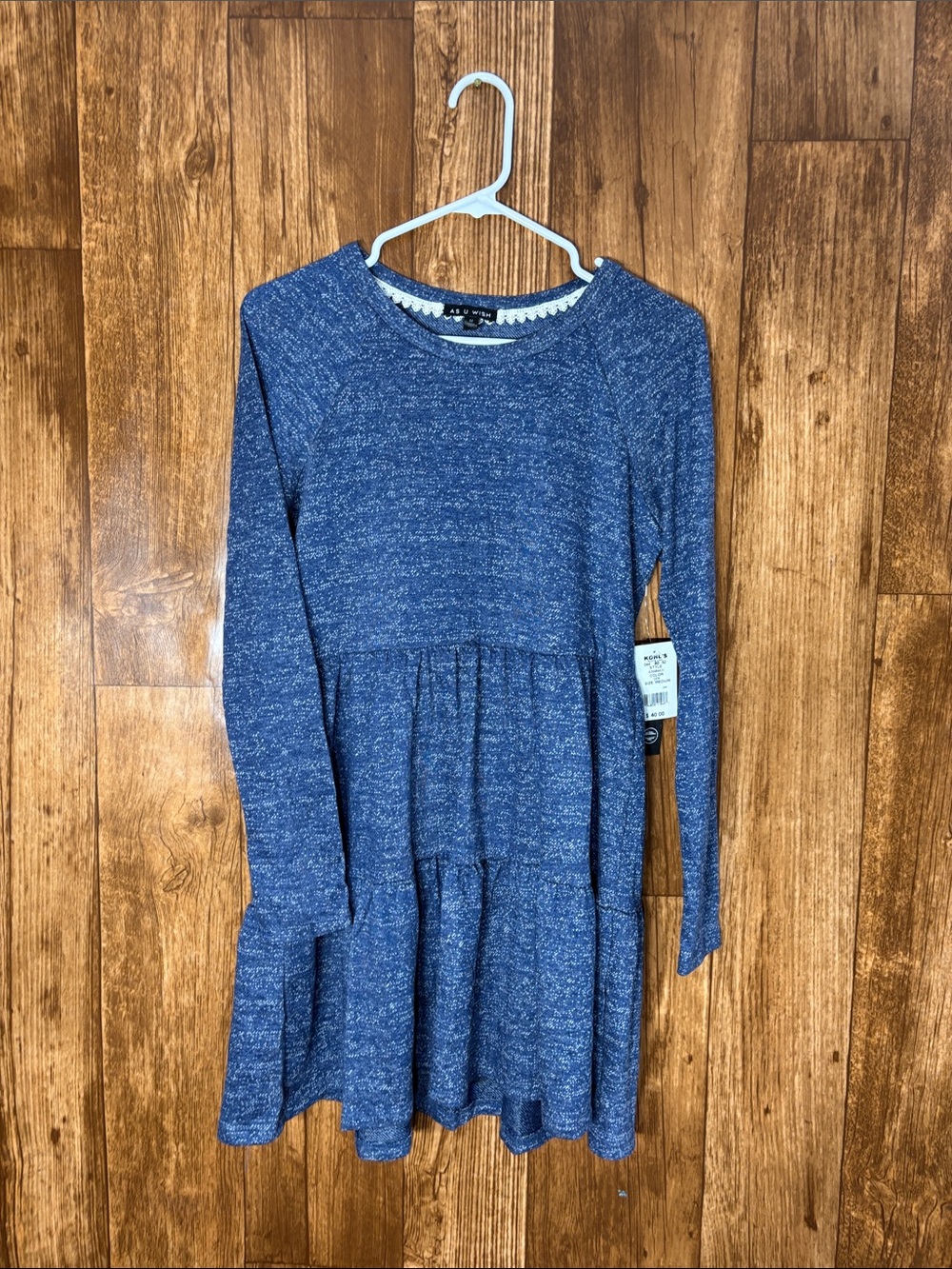 As U Wish Women’s Heathered Blue Long-Sleeve Tiered Dress